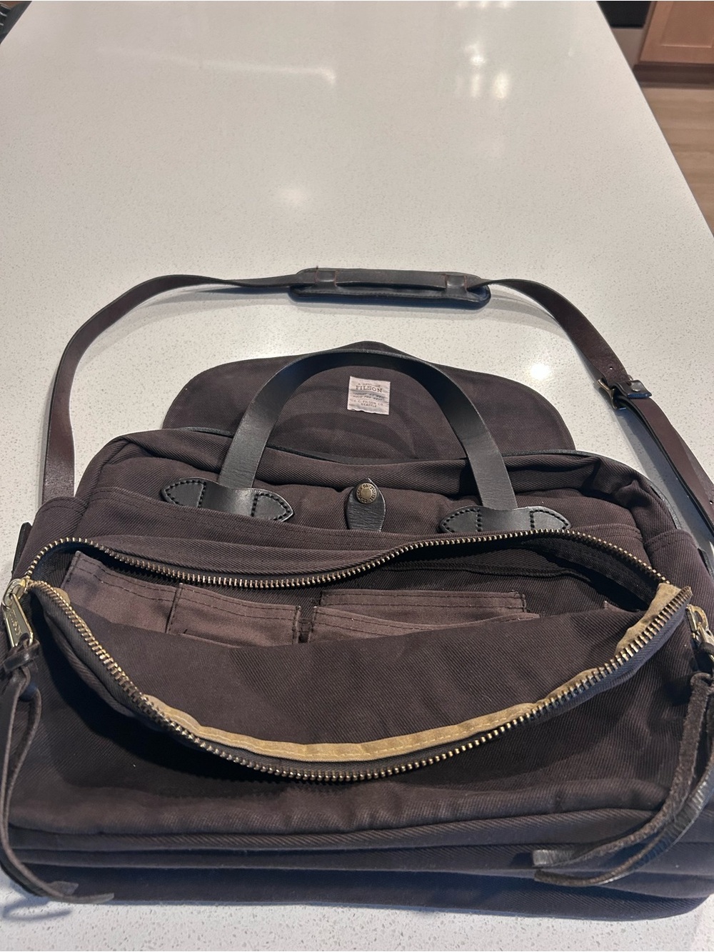 Filson Men's Brown Canvas Messenger Bag with Leather Trim